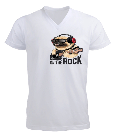 On the rock bulldog baskılı Beyaz Erkek Kısa Kol V Yaka Tişört