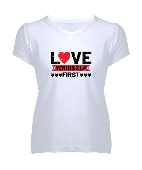 Tisho - Önce Kendini Sev - Love Yourself Beyaz Kadın V Yaka Tişört