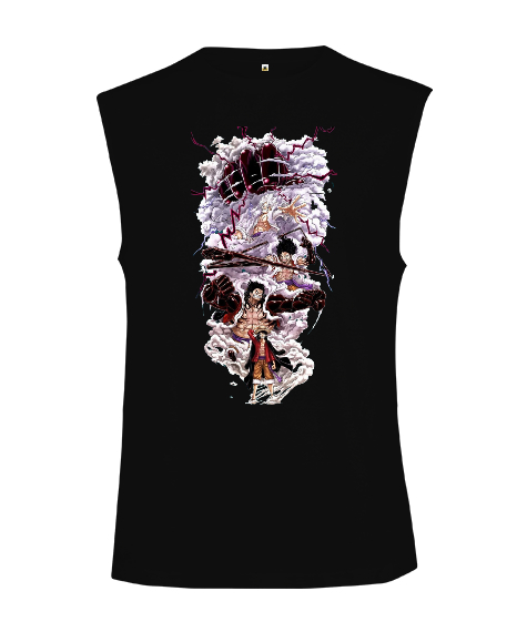 Tisho - One Piece Anime Tasarım Baskılı Siyah Kesik Kol Unisex Tişört
