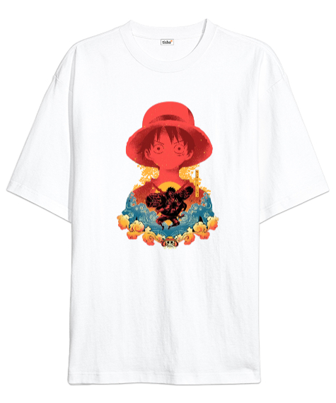 Tisho - One Piece Monkey D. Luffy Anime Tasarım Baskılı Beyaz Oversize Unisex Tişört