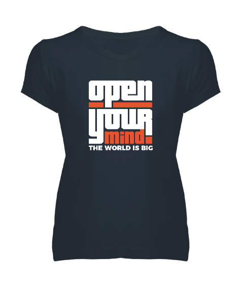 Tisho - Open Your Mind - Zihnini Aç Dünya Büyük Füme Kadın V Yaka Tişört