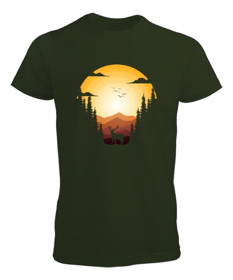 Tisho - Ormanda Gün Batımı ve Geyik Haki Yeşili Erkek Tişört