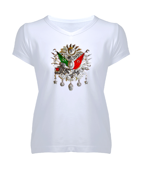 Tisho - Osmanlı Tuğrası Beyaz Kadın V Yaka Tişört