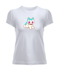 Tisho - Oturan yanakları pembe tatlı kedi Beyaz Kadın Tişört