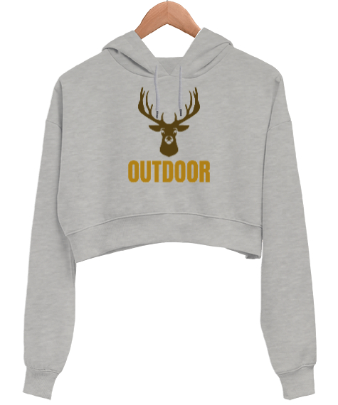 Tisho - Outdoor Geyik Kampçı ve Doğa sporcuları özel tasarım Gri Kadın Crop Hoodie Kapüşonlu Sweatshirt