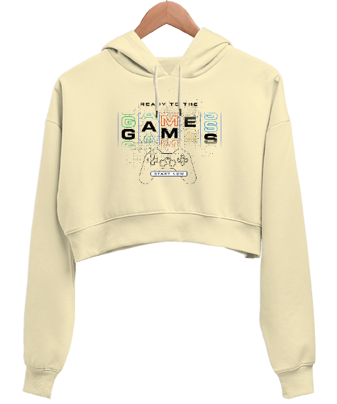 Tisho - Oyun, Oyuncu - Games, Gamer Krem Kadın Crop Hoodie Kapüşonlu Sweatshirt