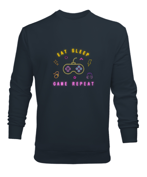 Tisho - Oyun Yemek Uyku Tekrar Game Eat Sleep Repeat Neon Oyuncu Özel Tasarım Füme Erkek Sweatshirt
