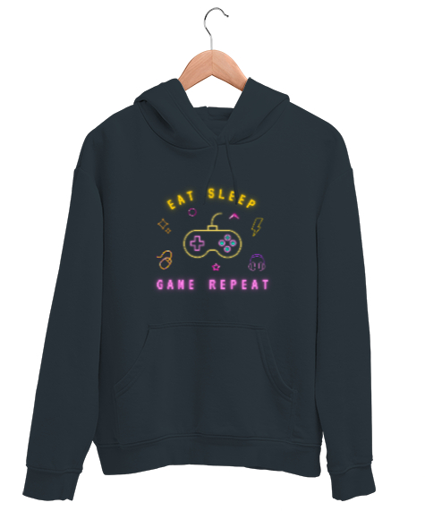 Tisho - Oyun Yemek Uyku Tekrar Game Eat Sleep Repeat Neon Oyuncu Özel Tasarım Füme Unisex Kapşonlu Sweatshirt