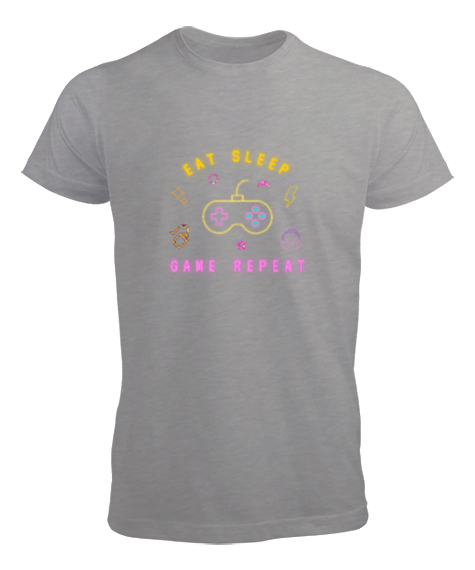Tisho - Oyun Yemek Uyku Tekrar Game Eat Sleep Repeat Neon Oyuncu Özel Tasarım Gri Erkek Tişört