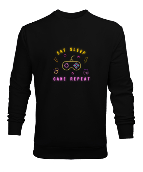 Tisho - Oyun Yemek Uyku Tekrar Game Eat Sleep Repeat Neon Oyuncu Özel Tasarım Siyah Erkek Sweatshirt