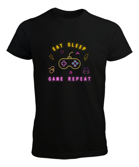 Tisho - Oyun Yemek Uyku Tekrar Game Eat Sleep Repeat Neon Oyuncu Özel Tasarım Siyah Erkek Tişört