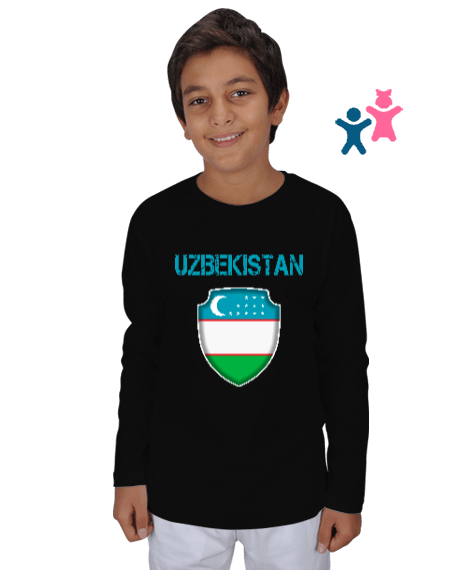 Tisho - Özbekistan,Ozbekiston,uzbekistan,Özbekistan Bayrağı,Özbekistan logosu. Siyah Çocuk Unisex Uzunkollu