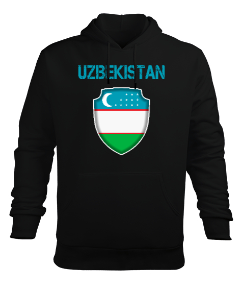Tisho - Özbekistan,Ozbekiston,uzbekistan,Özbekistan Bayrağı,Özbekistan logosu. Siyah Erkek Kapüşonlu Hoodie Sweatshirt