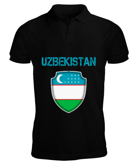 Tisho - Özbekistan,Ozbekiston,uzbekistan,Özbekistan Bayrağı,Özbekistan logosu. Siyah Erkek Kısa Kol Polo Yaka