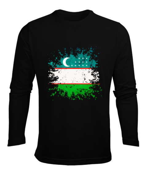 Tisho - Özbekistan,Ozbekiston,uzbekistan,Özbekistan Bayrağı,Özbekistan logosu, Siyah Erkek Uzun Kol Yazlık Tişört