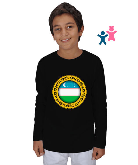 Tisho - Özbekistan,Ozbekiston,uzbekistan,Özbekistan Bayrağı,Özbekistan logosu,uzbekistan flag. Siyah Çocuk Unisex Uzunkollu
