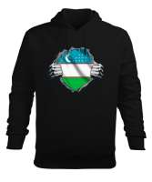 Özbekistan,Ozbekiston,uzbekistan,Özbekistan Bayrağı,Özbekistan logosu,uzbekistan flag. Siyah Erkek Kapüşonlu Hoodie Sweatshirt - Tisho