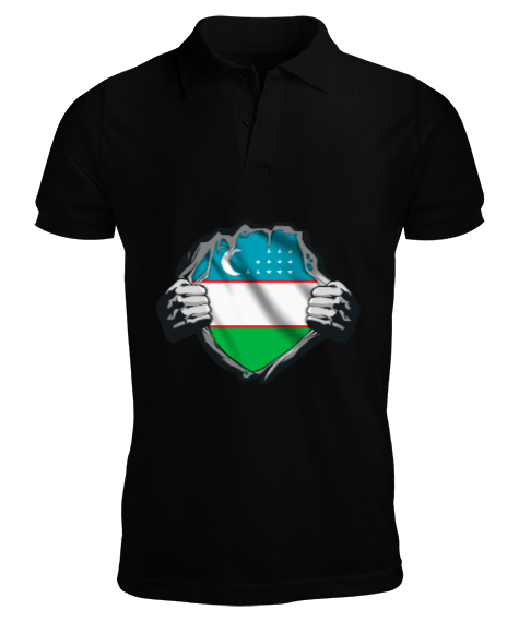 Tisho - Özbekistan,Ozbekiston,uzbekistan,Özbekistan Bayrağı,Özbekistan logosu,uzbekistan flag. Siyah Erkek Kısa Kol Polo Yaka