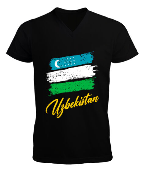 Tisho - Özbekistan,Ozbekiston,uzbekistan,Özbekistan Bayrağı,Özbekistan logosu,uzbekistan flag. Siyah Erkek Kısa Kol V Yaka Tişört