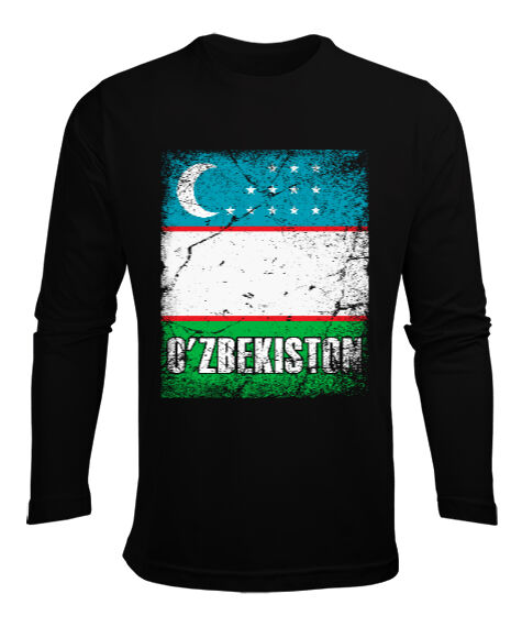 Tisho - Özbekistan,Ozbekiston,uzbekistan,Özbekistan Bayrağı,Özbekistan logosu,uzbekistan flag. Siyah Erkek Uzun Kol Yazlık Tişört