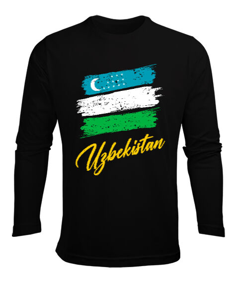 Tisho - Özbekistan,Ozbekiston,uzbekistan,Özbekistan Bayrağı,Özbekistan logosu,uzbekistan flag. Siyah Erkek Uzun Kol Yazlık Tişört