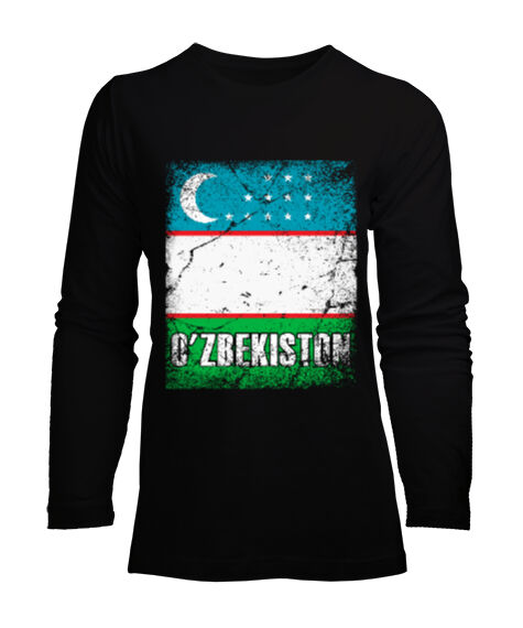 Tisho - Özbekistan,Ozbekiston,uzbekistan,Özbekistan Bayrağı,Özbekistan logosu,uzbekistan flag. Siyah Kadın Uzun Kol Tişört