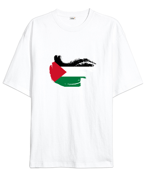 Tisho - Özgür Filistin Filistin Direnişi Gazze Dalgalı Bayrak Tasarımı Beyaz Oversize Unisex Tişört