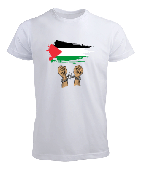 Tisho - Özgür Filistin Filistin Direnişi Gazze Kelepçeli Bayrak Tasarımı Beyaz Erkek Tişört
