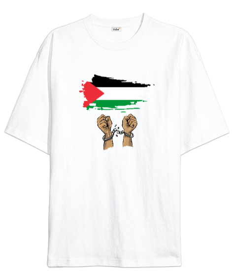 Tisho - Özgür Filistin Filistin Direnişi Gazze Kelepçeli Bayrak Tasarımı Beyaz Oversize Unisex Tişört