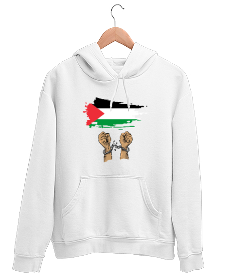 Tisho - Özgür Filistin Filistin Direnişi Gazze Kelepçeli Bayrak Tasarımı Beyaz Unisex Kapşonlu Sweatshirt