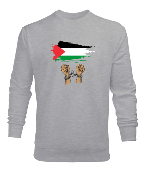 Tisho - Özgür Filistin Filistin Direnişi Gazze Kelepçeli Bayrak Tasarımı Gri Erkek Sweatshirt