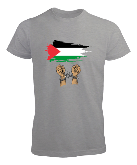 Tisho - Özgür Filistin Filistin Direnişi Gazze Kelepçeli Bayrak Tasarımı Gri Erkek Tişört