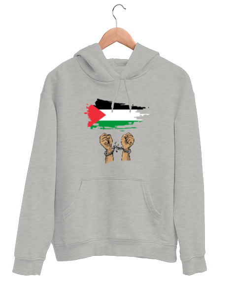 Tisho - Özgür Filistin Filistin Direnişi Gazze Kelepçeli Bayrak Tasarımı Gri Unisex Kapşonlu Sweatshirt