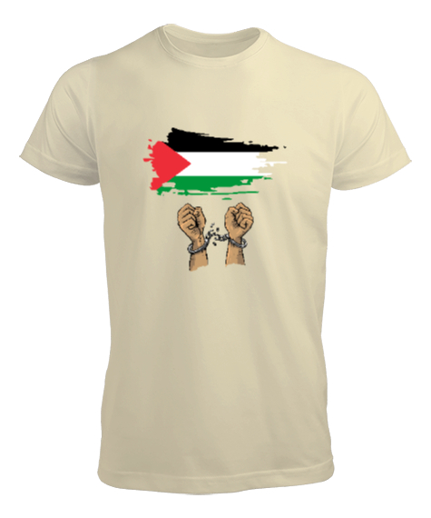Tisho - Özgür Filistin Filistin Direnişi Gazze Kelepçeli Bayrak Tasarımı Krem Erkek Tişört