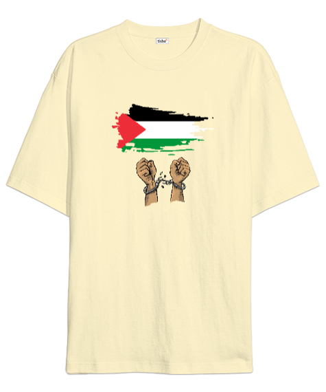 Tisho - Özgür Filistin Filistin Direnişi Gazze Kelepçeli Bayrak Tasarımı Krem Oversize Unisex Tişört