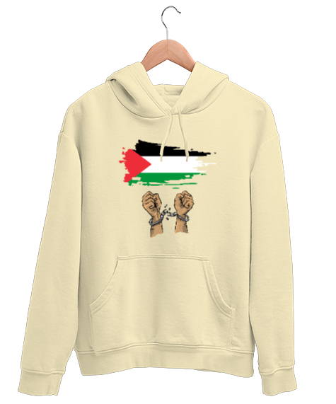 Tisho - Özgür Filistin Filistin Direnişi Gazze Kelepçeli Bayrak Tasarımı Krem Unisex Kapşonlu Sweatshirt