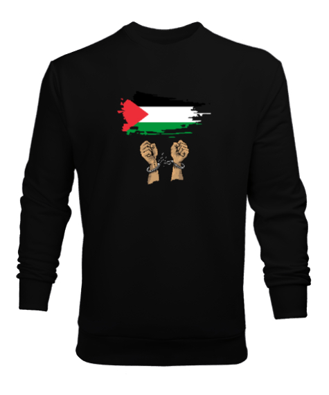 Tisho - Özgür Filistin Filistin Direnişi Gazze Kelepçeli Bayrak Tasarımı Siyah Erkek Sweatshirt
