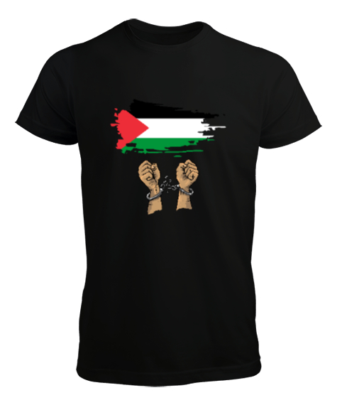 Tisho - Özgür Filistin Filistin Direnişi Gazze Kelepçeli Bayrak Tasarımı Siyah Erkek Tişört