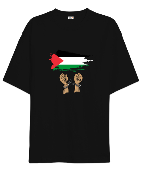 Tisho - Özgür Filistin Filistin Direnişi Gazze Kelepçeli Bayrak Tasarımı Siyah Oversize Unisex Tişört