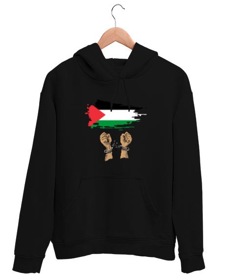 Tisho - Özgür Filistin Filistin Direnişi Gazze Kelepçeli Bayrak Tasarımı Siyah Unisex Kapşonlu Sweatshirt
