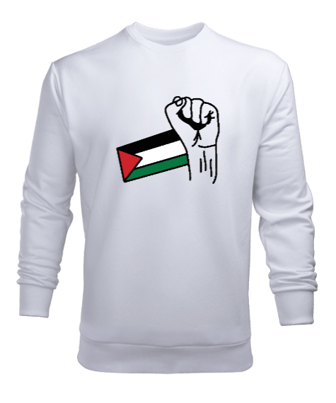 Tisho - Özgür Filistin Filistin Direnişi Gazze Yumruklu Bayrak Tasarımı Beyaz Erkek Sweatshirt