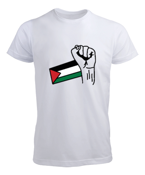 Tisho - Özgür Filistin Filistin Direnişi Gazze Yumruklu Bayrak Tasarımı Beyaz Erkek Tişört