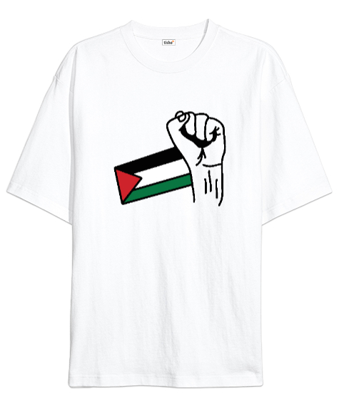 Tisho - Özgür Filistin Filistin Direnişi Gazze Yumruklu Bayrak Tasarımı Beyaz Oversize Unisex Tişört