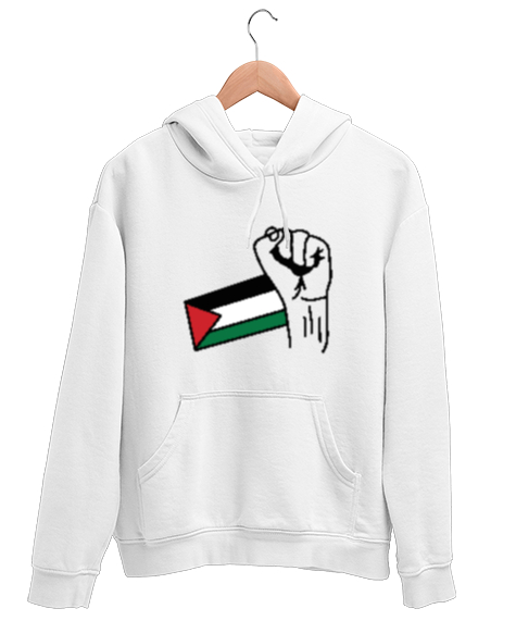 Tisho - Özgür Filistin Filistin Direnişi Gazze Yumruklu Bayrak Tasarımı Beyaz Unisex Kapşonlu Sweatshirt