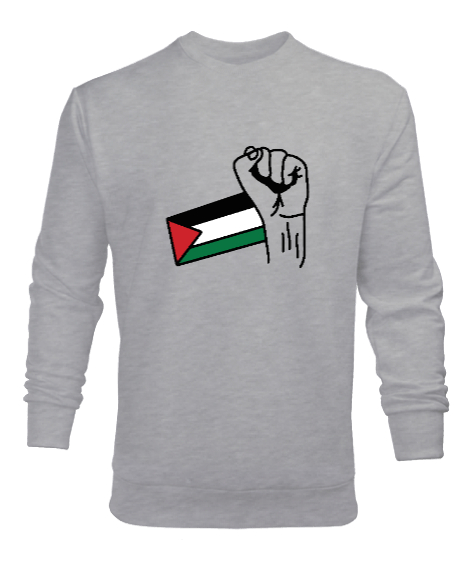 Tisho - Özgür Filistin Filistin Direnişi Gazze Yumruklu Bayrak Tasarımı Gri Erkek Sweatshirt