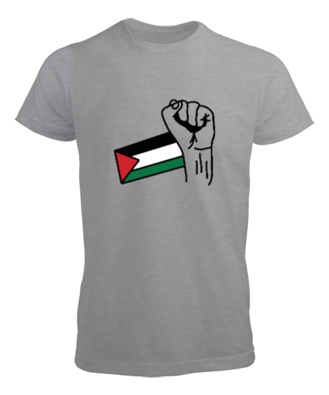 Tisho - Özgür Filistin Filistin Direnişi Gazze Yumruklu Bayrak Tasarımı Gri Erkek Tişört