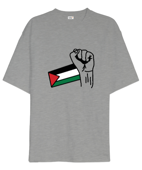 Tisho - Özgür Filistin Filistin Direnişi Gazze Yumruklu Bayrak Tasarımı Gri Oversize Unisex Tişört