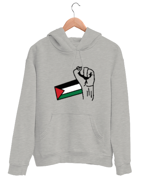 Tisho - Özgür Filistin Filistin Direnişi Gazze Yumruklu Bayrak Tasarımı Gri Unisex Kapşonlu Sweatshirt
