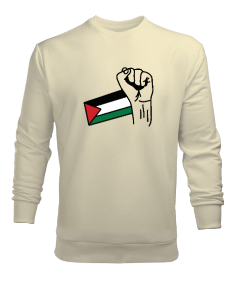 Tisho - Özgür Filistin Filistin Direnişi Gazze Yumruklu Bayrak Tasarımı Krem Erkek Sweatshirt