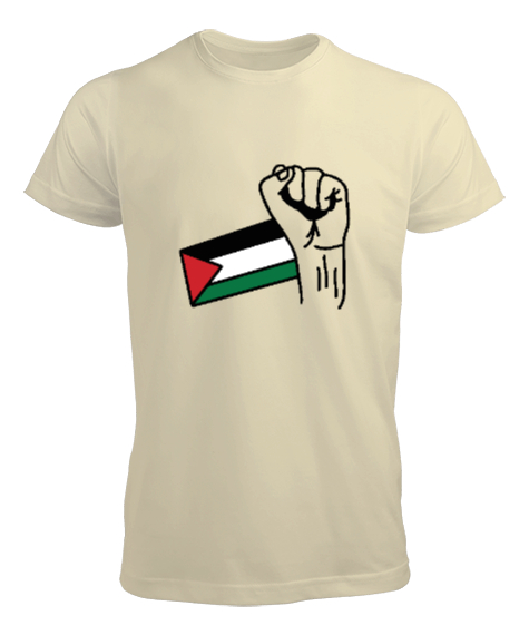 Tisho - Özgür Filistin Filistin Direnişi Gazze Yumruklu Bayrak Tasarımı Krem Erkek Tişört